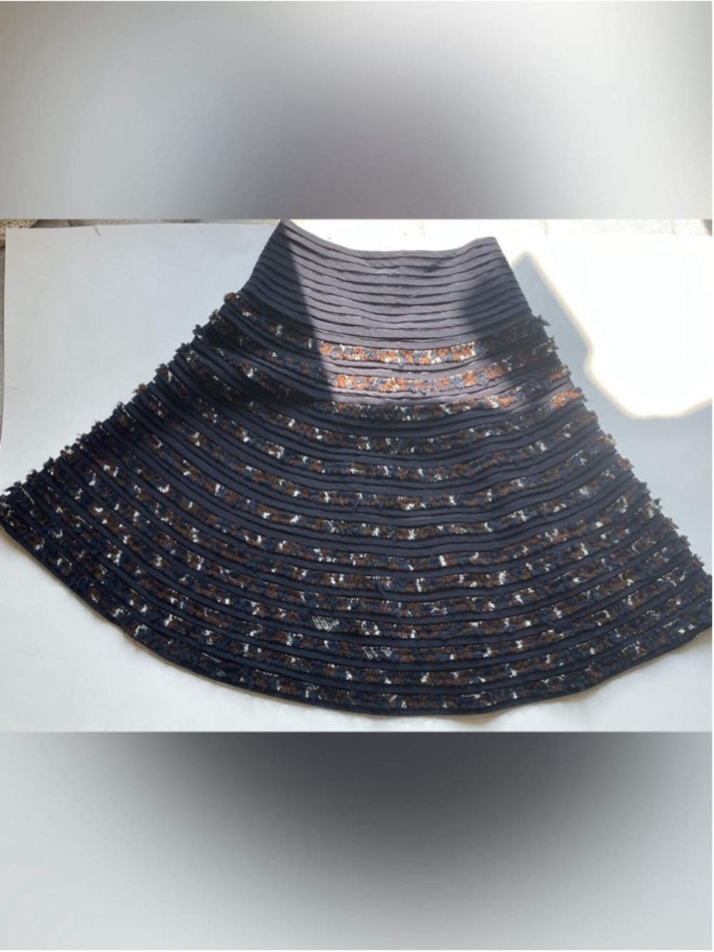 Oscar de la Renta Silk Lined Wool Blend Tweed Ribbon Midi Skirt Navy A Line Text - Picture 10 of 10